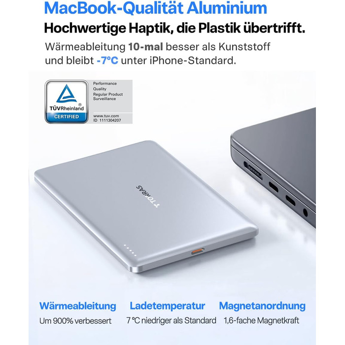 TORRAS MiniMag Ultra Slim Powerbank з MagSafe для iPhone 17 Pro Max, 5000mAh, Швидка зарядка, Бездротовий акумулятор, USB-C, Серія Titan (Сріблястий)