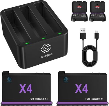 Акумулятор Insta360 X4 2500mAh та Швидке LED Зарядний пристрій 3-канали USB (2 шт.) з SD слотом - Аксесуари для Insta360 X4