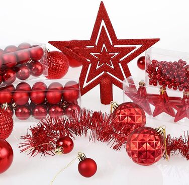 DEUBA® Новорічні кулі 66 шт. Ø 3-6 см, пластик, матові/глянцеві, прикраси для ялинки, новорічний декор (червоні)