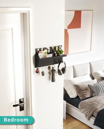 Держатель для ключів HapiRm з декором HOME, дерев'яне ключникове дошка з 7 гачками, з полицею. Підходить для входу, дверей, коридору, спальні, офісу (чорний)