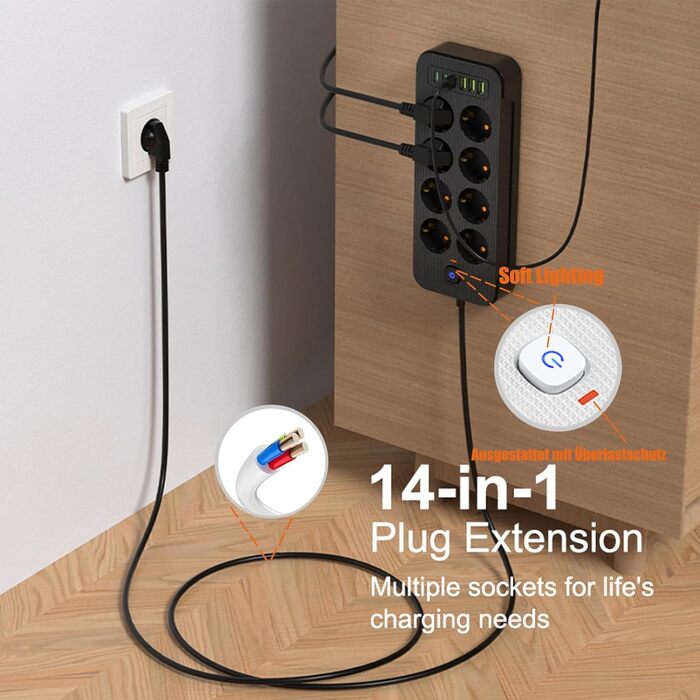 Мережевий фільтр AOUOO 8 розеток з вимикачем, 2м кабель, 3USB/3Type-c (5V/3.1A), 250V/16A, захист від перенапруги 3840W, чорний