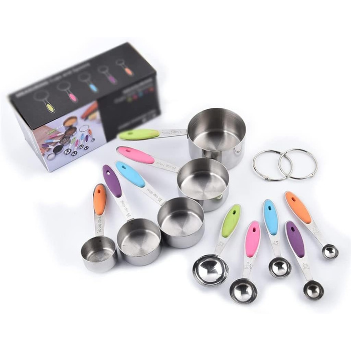FBHappiness 10-Piece Stainless Steel Measuring Cups and Spoons Set, 5 Measuring Cups and 5 Measuring Spoons with Colored Silicone Handles (Color: A, Size A