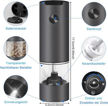 Електричні мельниці для солі та перцю 2 шт. з LED-підсвічуванням, регульована ступінь помелу, чорний колір