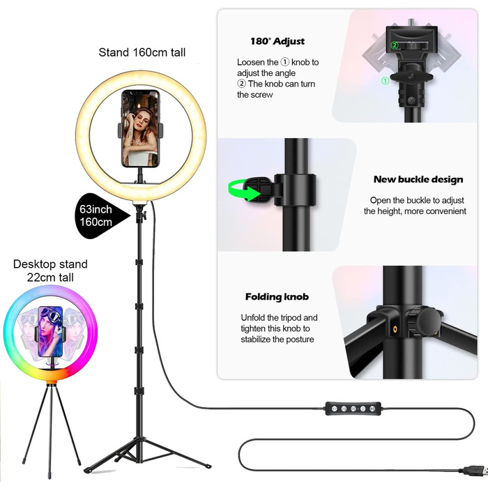 Кільцева лампа Ringlicht з штативом для телефону, 10 дюймів, 3 денне світло + 47 RGB режимів, регульована яскравість, 160 см, для YouTube, селфі, макіяжу, TikTok