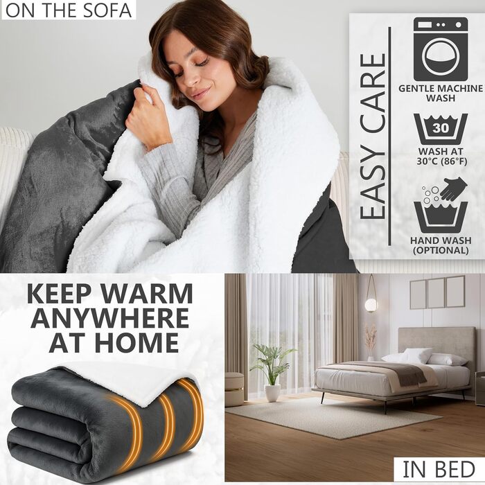Електрична ковдра Kingsize Get Trend, м'яка Sherpa Fleecedecke, 230x265 см, 9 режимів нагріву, таймер 12 годин, тепла ковдра-подарунок (темно-сірий, розмір EU)