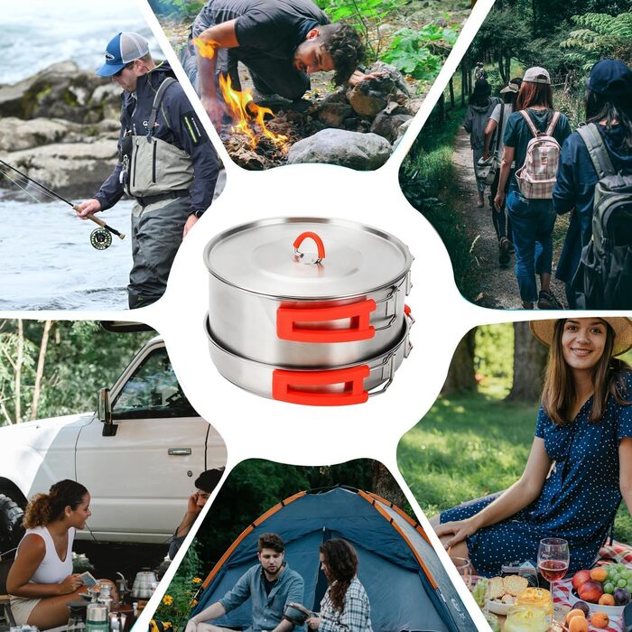 Набір посуду для кемпінгу з нержавіючої сталі 304, 1-2 особи. Посуд для туризму, похідний набір з каструлею, сковородою з антипригарним покриттям та чайником у сітчастій сумці