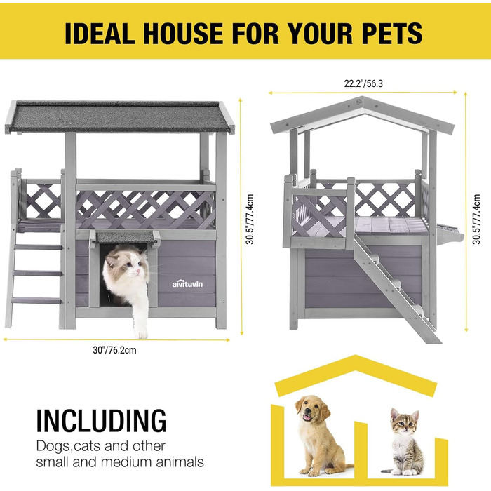 Будинок для собак та котів Aivituvin Feral з 2 поверхами та сходами (сірий), L-09