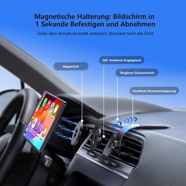 Портативна автомагнітола Krunia 8'' з Apple CarPlay і Android Auto, 1440x900 HD-дисплей, магнітне кріплення, OTA-оновлення, камера заднього виду, Bluetooth, голосове керування, GPS-навігація