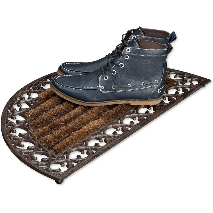 Relaxdays Foot Scraper Cast Iron with Brushes, H x W x D approx. 4 x 72 x 46 cm, Art Nouveau style foot scraper, shoe scraper suitable for country house style, made of robust metal with anti-slip feet, bronze (round)
