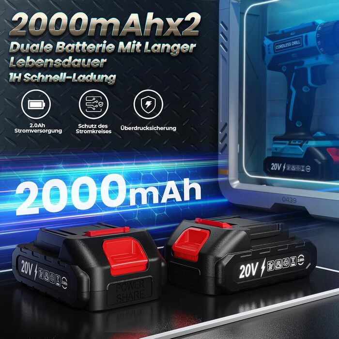 Акумуляторний шуруповерт 20V з 2x 2000mAh акумуляторами, 42Nm, 25+1 момент, LED, сумісний з Makita, для ремонту та DIY, синій