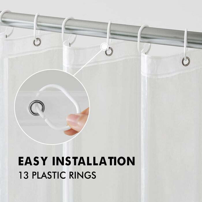 Шторка для душу MIULEE 180x210 см, антибактеріальна, пластикова, водонепроникна, з магнітами, 12 прищіпок, прозора