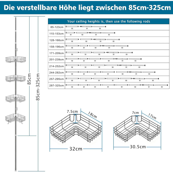 FIISAYL Shower Shelf No Drilling Telescopic Shower Rack Metal Corner Shelf Bathroom Shelf with 4 Shower Baskets, Height Adjustable 85-325cm, Suitable for Bathtub, Bathroom and Kitchen, Grey