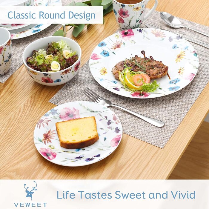 VEWEET Сервіз на 4 особи, 16 предметів, порцеляна. Сучасний сервіз з обідніми, десертними тарілками, мисками для каші та чашками. Можна мити в посудомийній машині та використовувати в мікрохвильовій печі. Серія Doris, 32 предмета