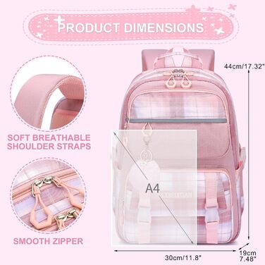 KEBEIXUAN Рюкзак для дівчинки, шкільна сумка 1-5 клас, дихаючий рюкзак з помпоном, фіолетовий + ланч-бокс + пенал (рожевий)