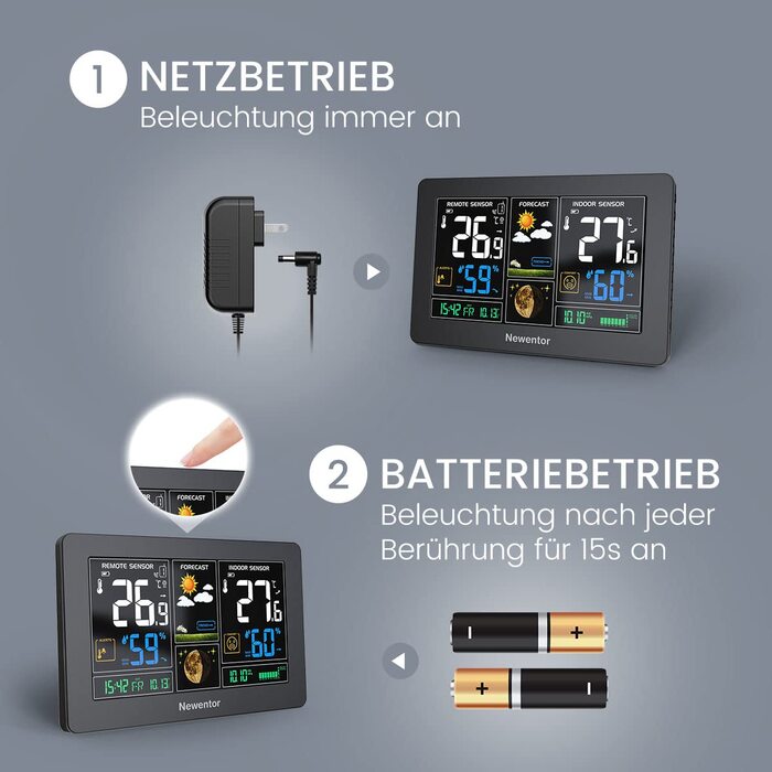 Newentor Weather Station Radio with 3 Outdoor Sensors - Radio Weather Station with Weather Forecast, Temperature Warning, DCF Radio Clock - Battery Powered and Mains Powered, Black 1*Station + 3*Outdoor Sensor Black