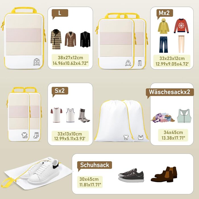 Набір з 8 компресійних органайзерів для валізи - чорний, лимонний колір