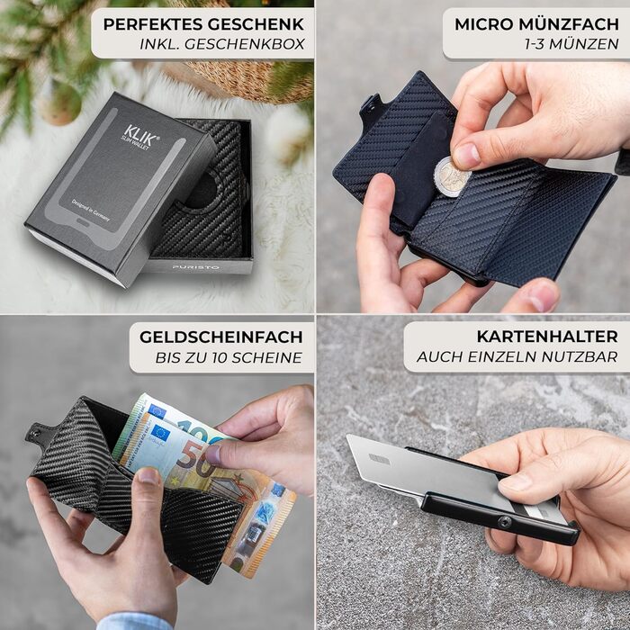 PURISTO KLIK: Тонкий чоловічий гаманець з натуральної шкіри з RFID захистом - на 10-12 карт, без відділу для монет (Carbon)