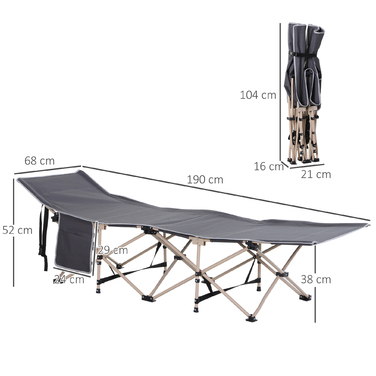Outsunny Folding Cot with Storage Bag, Foldable Camping Bed, Camping Lounger, Includes Carry Bag, Steel Oxford, Grey, 190 x 68 x 52 cm | Aosom