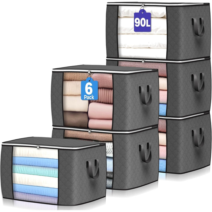 6 містких мішків для зберігання Budding Joy 90л з кришкою сірого кольору. Органайзери для одягу, постільної білизни, ковдр. Ідеально для переїзду та зберігання.