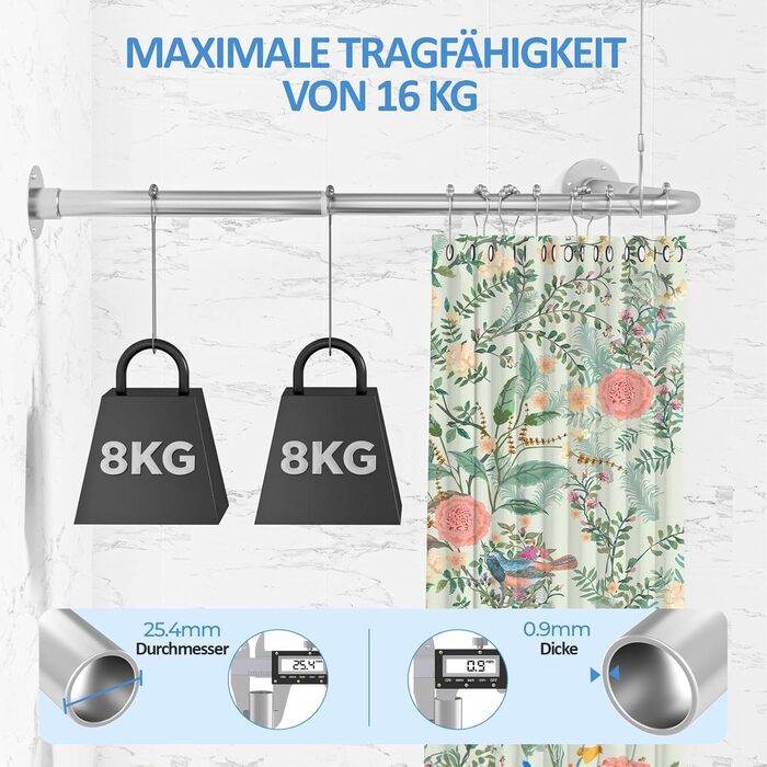 Регульована штанга для душу L-подібної форми, 60-134 см, з кріпленням для штори та підставкою для стелі, для ванни/ванної кімнати, срібна