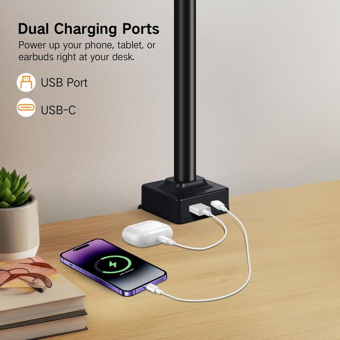 OUTON LED лампа настільна з двома головками, 85.5 см, USB-A & C, регульована яскравість 1600LM, 5 температур кольору, таймер, кріплення, для офісу та дому, чорний