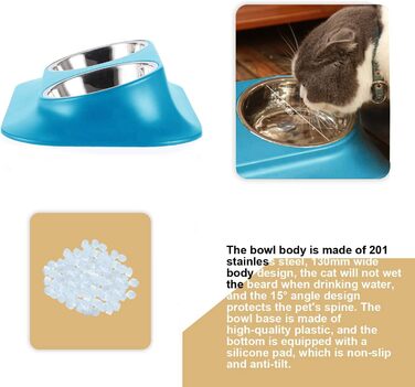 Підвищений годівниця для кошенят та цуценят, з нержавіючої сталі, з підставкою, захист шийного відділу хребта, нахил 15°, неслизька, подвійно піднята годівниця для домашніх тварин, для котів та маленьких собак (подвійний миска / Blue)