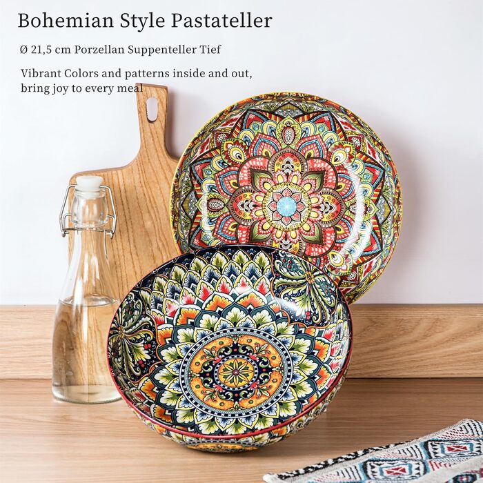 Набір тарілок Henten Home Mylo (2 шт.): супові та глибокі, 1500 мл. Тарілки для супу, пасти, салату в богемному стилі Boho, рожево-червоні відтінки