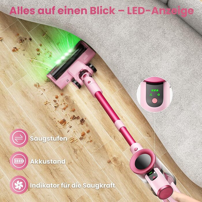 Бездротовий пилосос Dzaki 50000Pa з акумулятором, дисплеєм, функцією паркування та насадкою Anti-Tangle для килимів, твердих поверхонь, шерсті тварин та авто (помаранчево-рожевий)