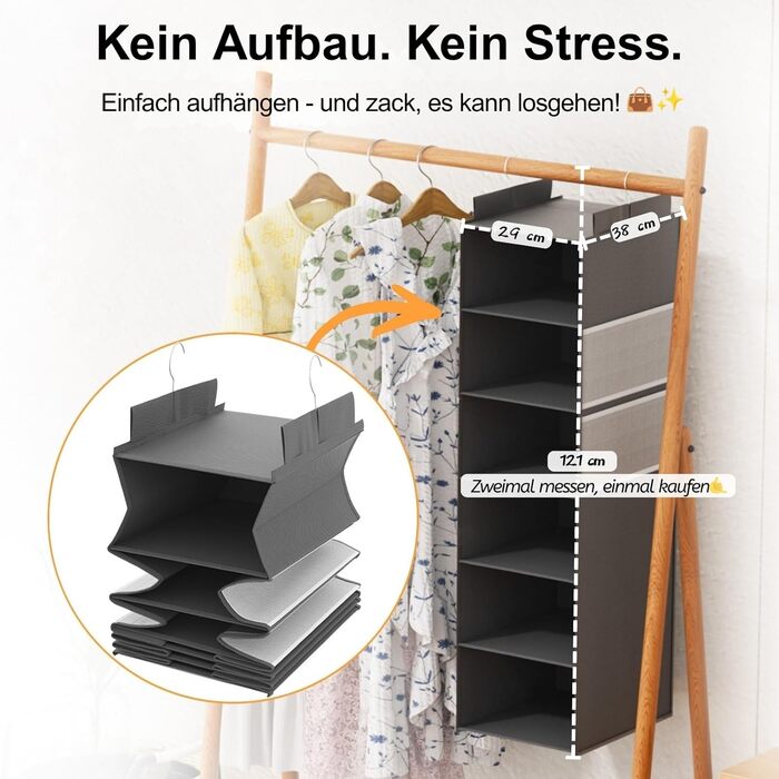 Організатор для шафи Extra Tief – 4 кишеньки з сітки, органайзер для шафи, настінний органайзер, стабільний та економний, ідеальний для гуртожитку та автодому (Сірий, 6-ярусний)