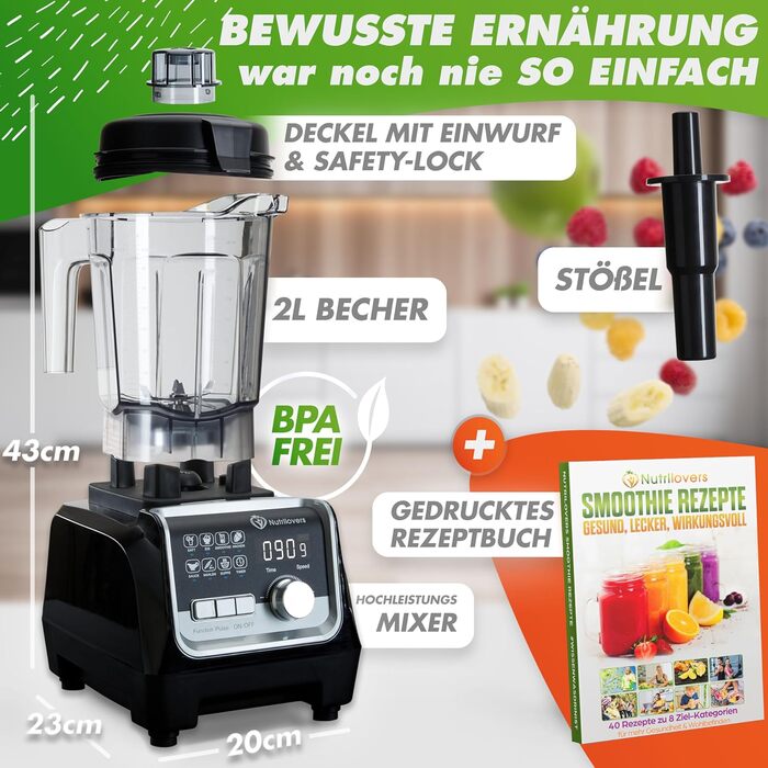 Потужний стаціонарний блендер NUTRI-BLENDER MAX+ 2000Вт для смузі, 2л Tritan, BPA-free, 9 швидкостей, цифровий таймер, з рецептурником