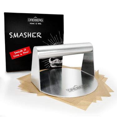 DREIBERG® Набір для приготування Smash Burger: прес для бурґерів з нержавіючої сталі + папір для бурґерів. Прес для смаження бурґерів на грилі, сковороді та тепаньякі (круглий)