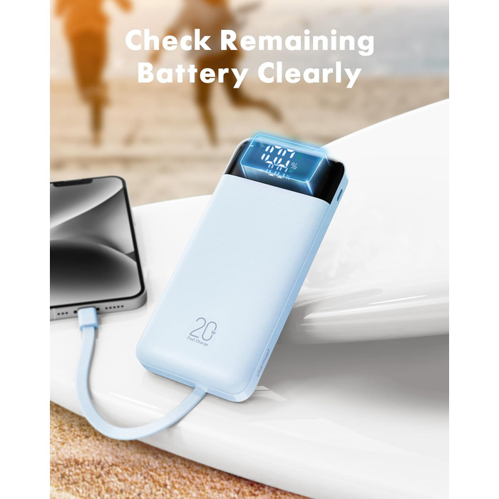 Повербанк Charmast 20000 mAh з 4 вбудованими кабелями, швидка зарядка 22.5W, портативний зовнішній акумулятор для iPhone, Android, iPad (SkyBlue)