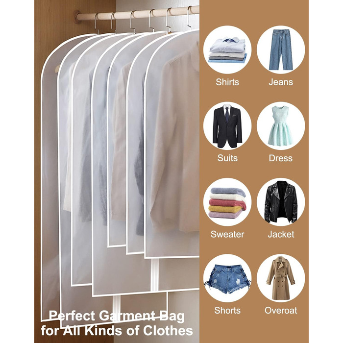 16 шт. мішки для одягу, великі, середні та короткі, 60 x 120/100/80 см, з блискавкою, прозорі, для костюмів, пальто, суконь, сорочок, зберігання, захисні чохли (білий)