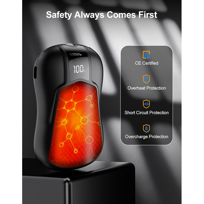 Електричні грілки для рук 2 шт. з акумулятором 10000mAh, подвійний нагрів, 5 температурних режимів, для активного відпочинку, кемпінгу та зими, чорного кольору