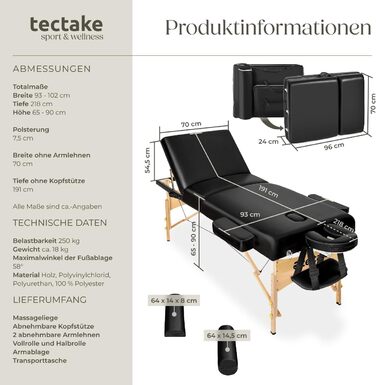 Мобільний масажний стіл Tectake®: складаний, з 3 зонами, регульована висота, підголовник та підлокітники, з дерев'яними ніжками, у комплекті з сумкою та масажними роликами (чорний)