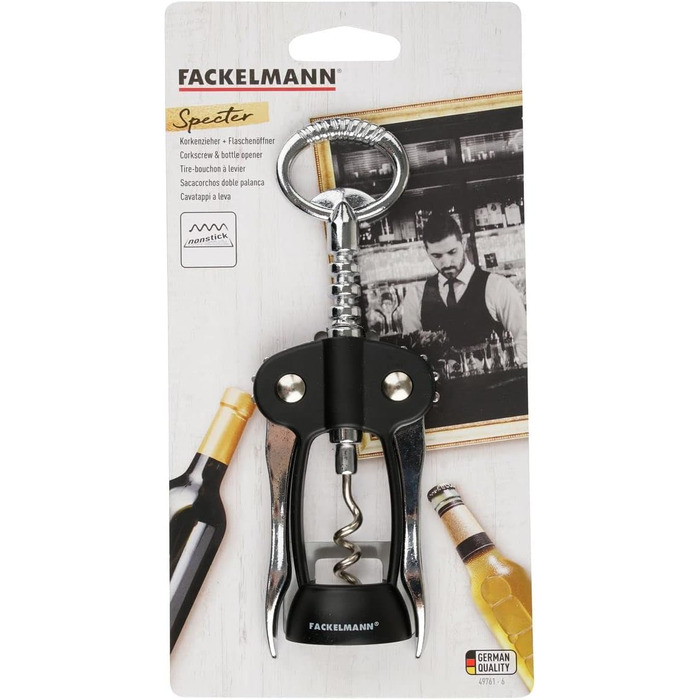 Відкривачка для вин Fackelmann Specter 17 см – для пробок з корку та пластику – сталь, пластик, чорний/срібло – аксесуар для бару