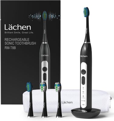 Електрична зубна щітка Lächen Sonic RM-T8B з 4 насадками, таймером, 3 режимами та 3 рівнями вібрації, у комплекті з чохлом для подорожей. Кольори: білий/чорний