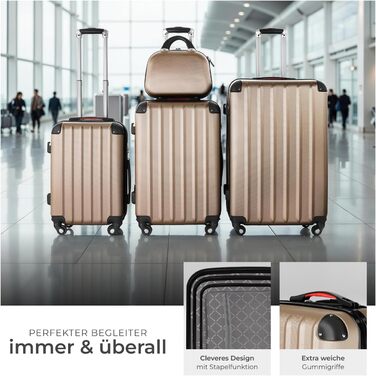 Набір валіз Tectake® 4 шт. з відстібними колесами 360°, жорсткий корпус з TSA замком, велика валіза з роздільником, ручна валіза, телескопічна ручка - колір шампань | 403411