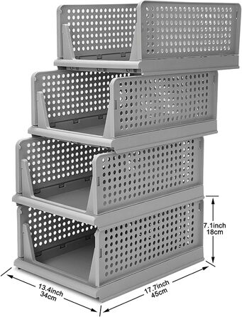 Set of 4 Stackable Folding Clothes Closet Storage Boxes, Plastic Closet Shelves, Closet Organizer Box, Pull-Out Drawer-Like Design, Suitable for Home, Bedroom, Kitchen (Gray)