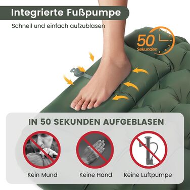 Каремат самонадувний туристичний Tuocal Isomatte, 9 см, з подушкою, з насосом, антиковзаюча поверхня, для кемпінгу, відпочинку на природі, подорожей, намету (армійний зелений)