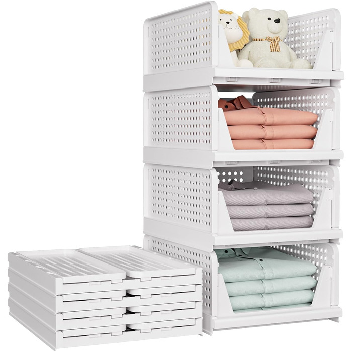 SNSLXH 5 Pack Stackable Closet Shelf Organizer, Multifunctional & Foldable Closet Organizer for Bathroom, Kitchen, Closet Storage, Space-Saving Closet Drawer Storage Box, White