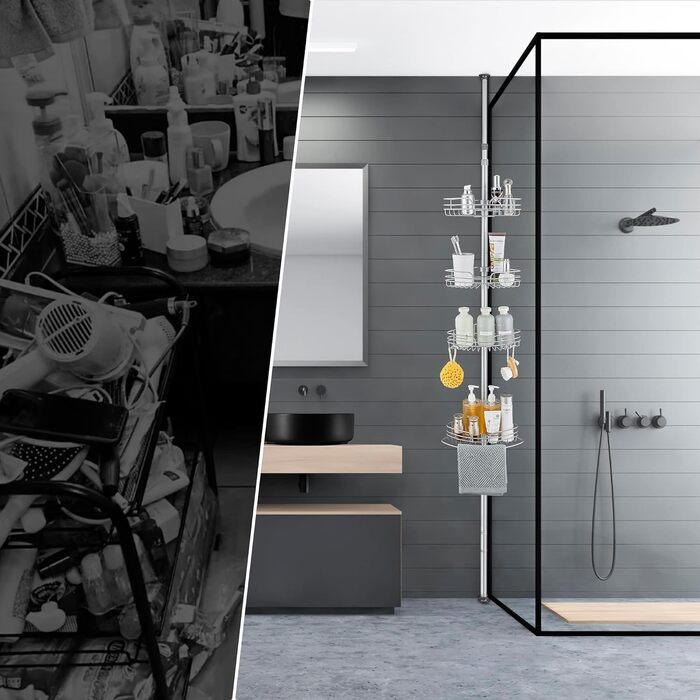 DUFU Кутовий полиця для душу з 4 кошиками, металева, регульована висота 73-265см, без свердління, антиковзаюча, сіра