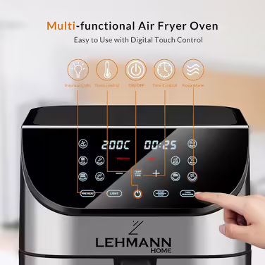 Lehmann Hot Air Fryer XXL with 8L Basket and Viewing Window, Oil-Free Fryer with Lighting, 1800W, Temperature Control up to 200° C, Airfryer with up to 10 Programs, Timer and Touch Display