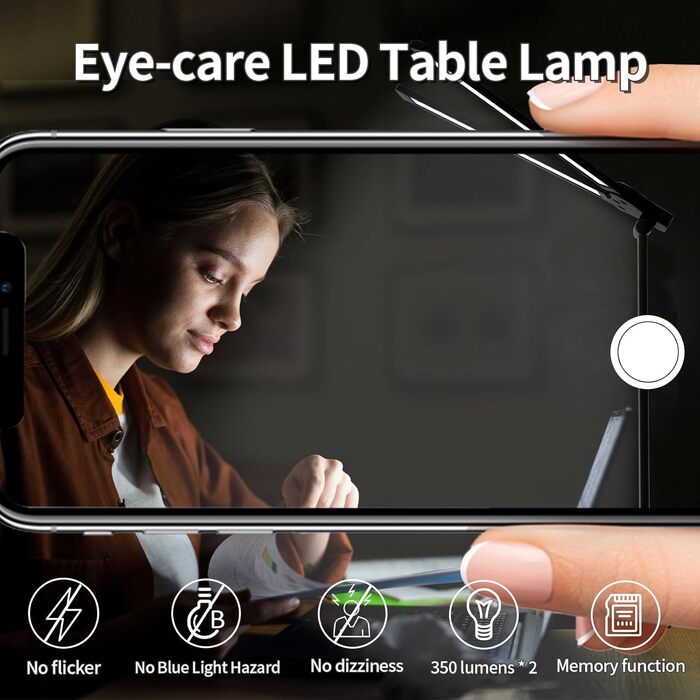 LED лампа настільна LQWELL® QM019, чорна: регулювання яскравості, 5 кольорів, 10 рівнів, USB-зарядка, сенсорне керування, пам'ять, для дітей, офісу