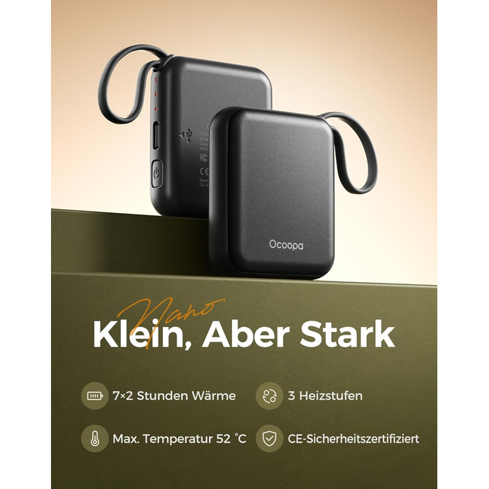 Електричні грілки для рук Ocoopa 2 шт. з акумулятором 4000mAh, USB, 3 режими нагріву, до 52°C, подарунок на Новий рік, для зими, катання на лижах, подорожей та активного відпочинку, UT5 Nano Wiesengeflüster (Ocoopa x Künstleredition), чорний