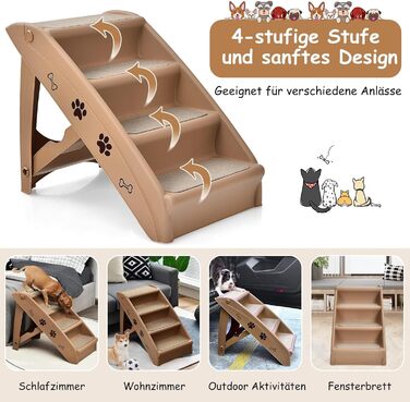 Сходинки для домашніх тварин GYMAX з 4 сходинками, складана драбинка для собак і котів з пластику, з антиковзкими накладками, 4 килимками та трикутною структурою, допомога у підйомі для котів та собак (колір: кава)