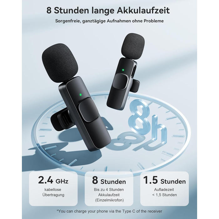 Бездротові петличні мікрофони 2 шт. для iPhone/iPad/Android, з шумозаглушенням, Plug-and-Play, для відео, подкастів, YouTube, TikTok, Vlog, чорний