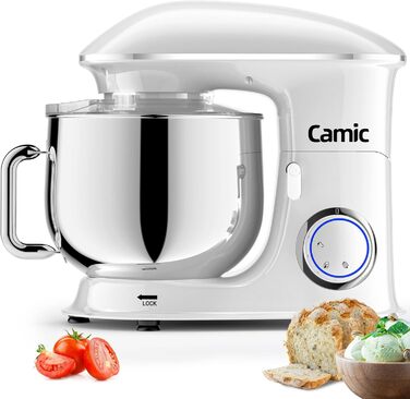 Stand Mixer Dough Mixer Camic 1500W 8L Stand Mixer Whisking Device Multifunction Mixer Quiet, Powerful, and Professional, 6 Speeds with Pulse, Stainless Steel Bowl (White)