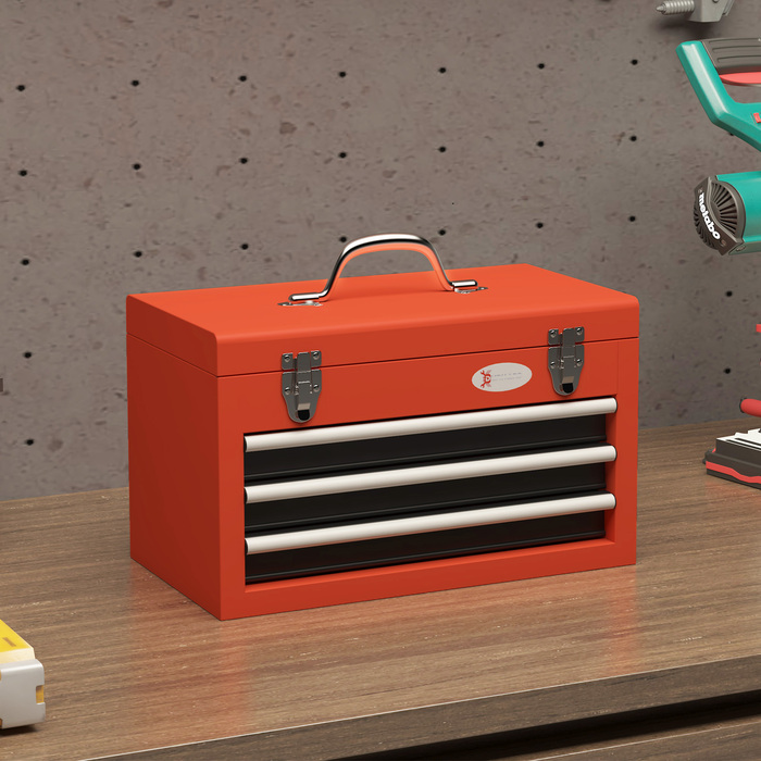 DURHAND Empty Tool Box, 45 x 24 x 27 cm Tool Box with 3 Drawers, Upper Storage Compartment, Handle, Tool Case with 2 Locks, Steel, Red | Aosom