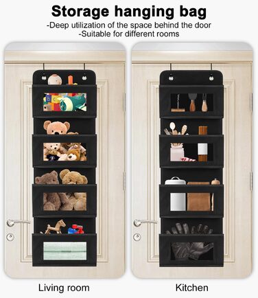Настінна вішалка-органайзер на двері з 4 великими кишенями та прозорим вікном, 2 металеві гачки, чорний колір, для спальні, офісу, дитячої кімнати